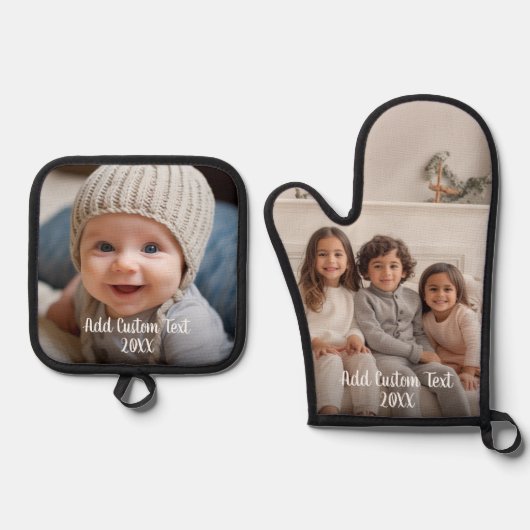 白いスクリプトのカスタム文字付きフルフォト 鍋つかみ&鍋敷きセット (正面)