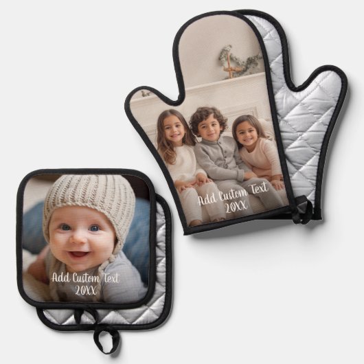 白いスクリプトのカスタム文字付きフルフォト 鍋つかみ&鍋敷きセット (正面/裏面)