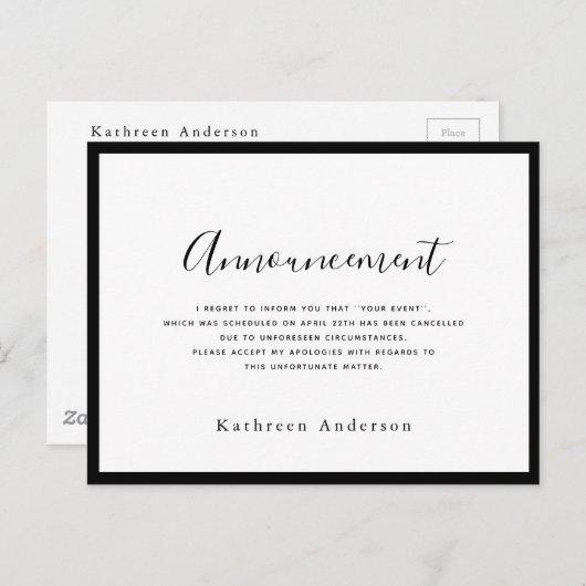 白いスクリプトのキャンセルのお知らせポストカード ポストカード (正面/裏面)