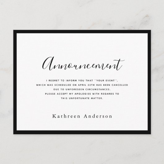 白いスクリプトのキャンセルのお知らせポストカード ポストカード (正面)