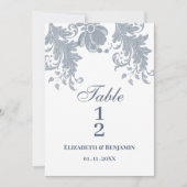 白いスタイリッシュ青いフローラレースのテーブル番号 招待状 (正面)