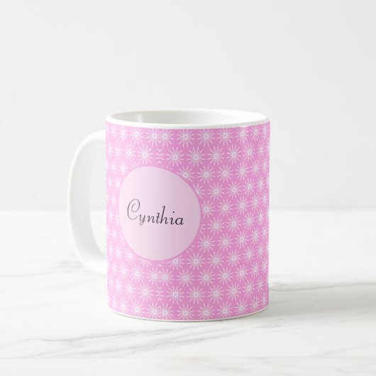 白いスターバストの花オンピンク コーヒーマグカップ (正面左)