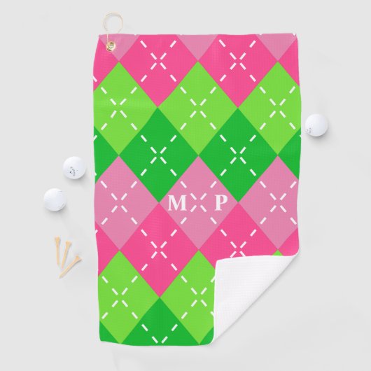白いステッチでアーガイルピンクと緑 ゴルフタオル (インサイチュ)
