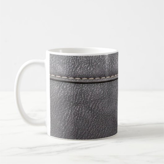 白いステッチで縫った黒い革 コーヒーマグカップ (左)