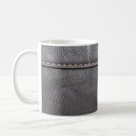 白いステッチで縫った黒い革 コーヒーマグカップ (左)