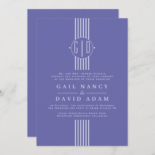 白いストライプイニシャルは青い結婚花を 招待状 (正面/裏面)