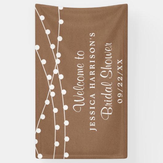 白いストリングライトがついたラスティックなクラフトスタイルの結婚前お祝い 横断幕 (縦)