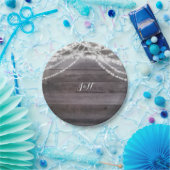 白いストリングライトと素朴木材 ペーパープレート (パーティー)