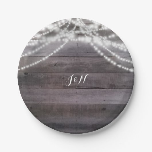 白いストリングライトと素朴木材 ペーパープレート (正面)