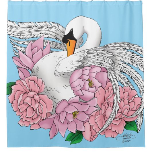 白いスワンピンクの花 シャワーカーテン (正面)