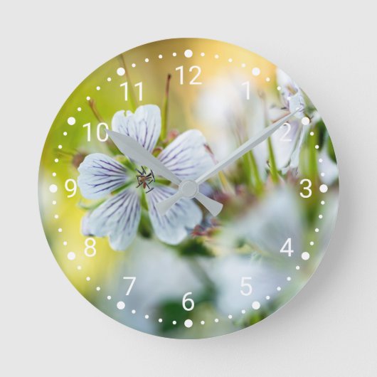 白いゼラニウムの花の柔らかなボケ写真 ラウンド壁時計 (正面)