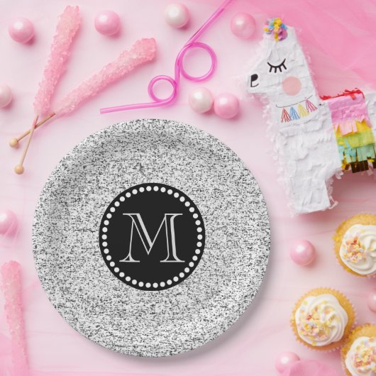 白いソフトと黒いドット付きモノグラム ペーパープレート (パーティー)