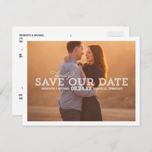 白いタイポグラフィオーバーレイ写真の保存日付 案内ポストカード (正面/裏面)