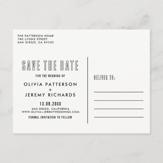 白いタイポグラフィオーバーレイ写真の保存日付 案内ポストカード (裏面)