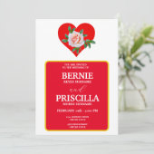 白いタイポグラフィーと赤いバラの花の結婚式 招待状 (スタンド正面)