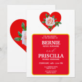 白いタイポグラフィーと赤いバラの花の結婚式 招待状 (正面/裏面)