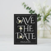 白いタイポグラフィ、バラブラックウェディング日付を保存 ポストカード (スタンド正面)