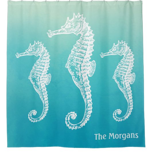 白いタツノオトシゴのユニークな水の青くグラデーションな水彩画 シャワーカーテン (正面)