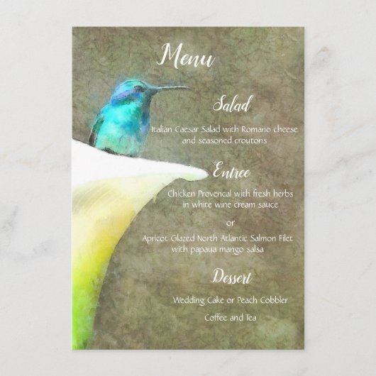 白いターコイズのハチドリユリの花柄の水彩画 メニュー (正面)