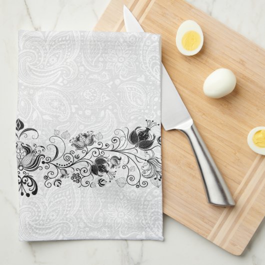白いダマエレガントスにヴィンテージレースを旋回 キッチンタオル (四つ折り)