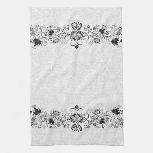 白いダマエレガントスにヴィンテージレースを旋回 キッチンタオル (縦)
