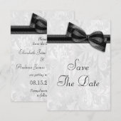 白いダマスクと偽の蝶ネクタイでSave The Date 招待状 (正面/裏面)
