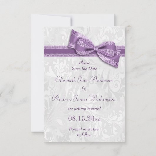 白いダマスクと偽の蝶結びでお知らせする結婚式前日譚 セーブザデート (裏面)