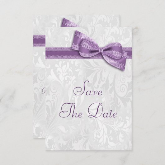 白いダマスクと偽の蝶結びでお知らせする結婚式前日譚 セーブザデート (正面/裏面)