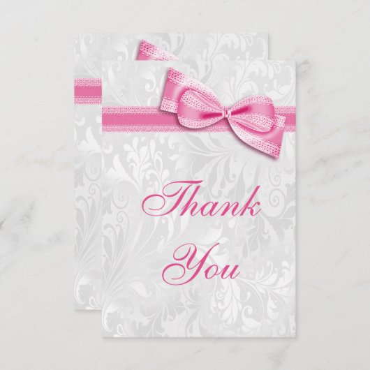 白いダマスク織およびピンクのフェイクな弓は感謝していしています サンキューカード (正面/裏面)