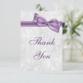 白いダマスク織およびフェイクな弓は感謝していしています サンキューカード (スタンド正面)