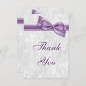 白いダマスク織およびフェイクな弓は感謝していしています サンキューカード (正面/裏面)