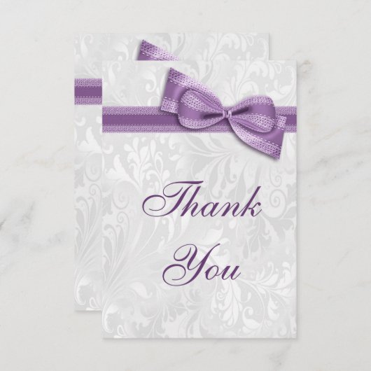 白いダマスク織およびフェイクな弓は感謝していしています サンキューカード (正面/裏面)