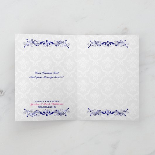 白いダマスク織が付いているエレガントな花のロイヤルブルーのレース サンキューカード (内部)