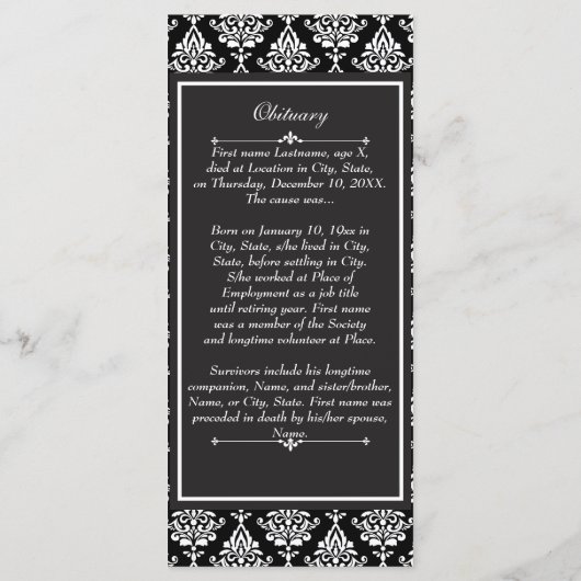 白いダマスク織の葬儀のプログラムか死亡記事 プログラム (裏面)