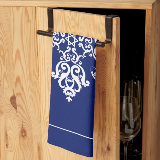 白いダマスク葉のは任意の色のタイルを繁栄 キッチンタオル (三つ折り)