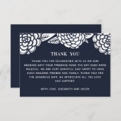 白いダリア。ネイビーモダンブルーフローラ結婚ズ サンキューカード (正面/裏面)