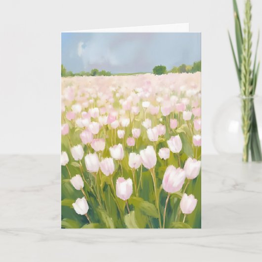 白いチューリップの花畑の絵 カード (正面)