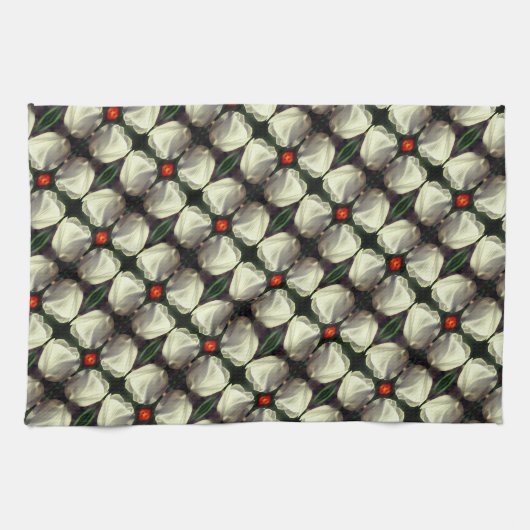 白いチューリップ花の抽象芸術模様 キッチンタオル (横)