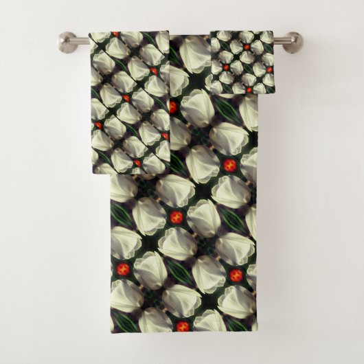 白いチューリップ花の抽象芸術模様 バスタオルセット (インサイチュ)