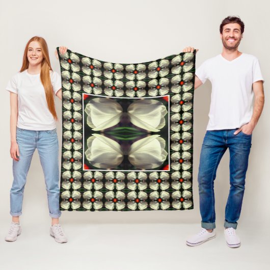 白いチューリップ花の抽象芸術模様 フリースブランケット (インサイチュ)