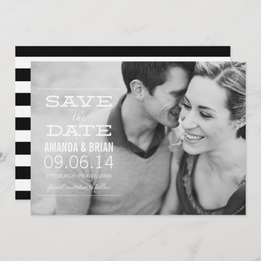 白いテキストの写真で保存する日程のお知らせ セーブザデート (正面/裏面)