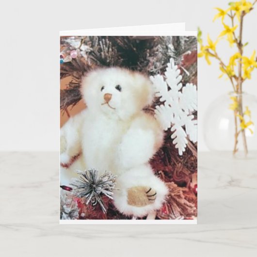**白いテディが聖降誕祭お目出度う!** カード (黄色い花)