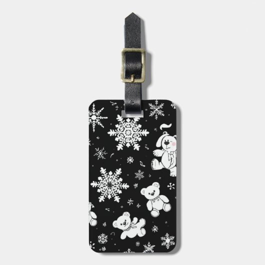 白いテディベアと雪の結晶 シームレス パターン ラゲッジタグ (正面縦)