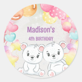 白いテディベアの誕生日シール ラウンドシール