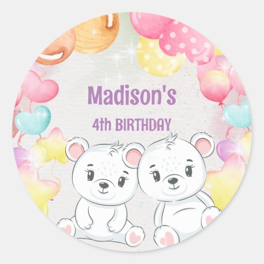 白いテディベアの誕生日シール ラウンドシール (正面)