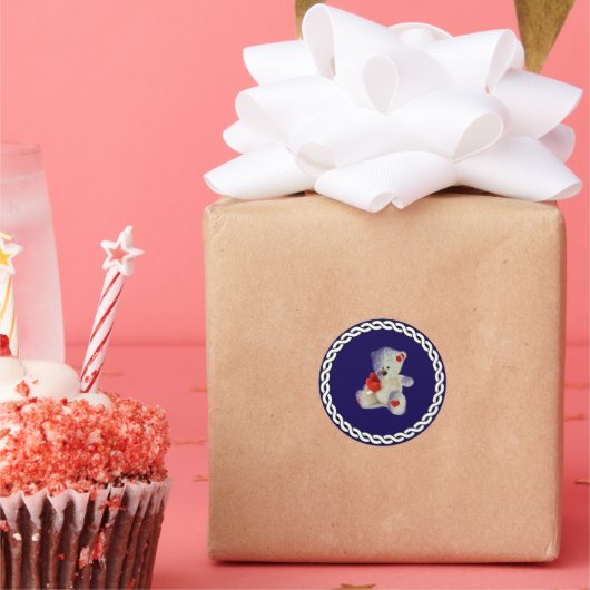 白いテディベア、白い円のフレーム、 ラウンドシール (パーティー)