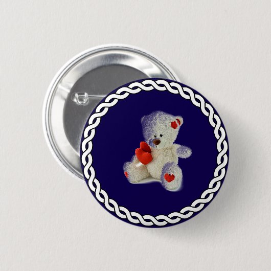 白いテディベア、白い円のフレーム、 缶バッジ (正面&裏面)