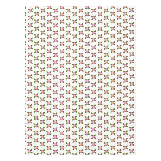 白いテーブルクロスにピンク葉の花と緑の花 テーブルクロス (正面)