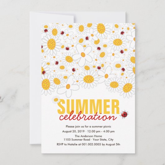 白いデイジーおよび赤いてんとう虫の夏のパーティー 招待状 (正面)