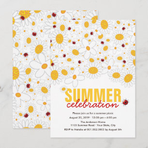 白いデイジーおよび赤いてんとう虫の夏のパーティー 招待状